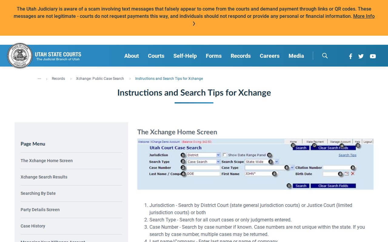 Utah Courts Xchange search guidance for Tooele records